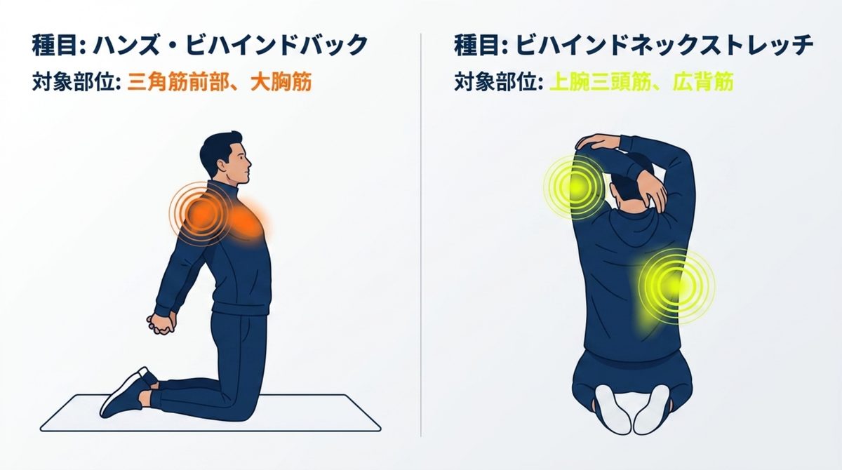 ストレッチ2種目と対象部位をイラストで示したスライド